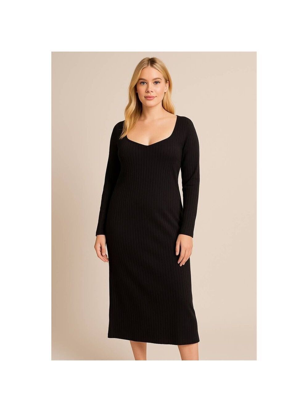 ELOQUII Ribbed Black Long Sleeve Midi Dress 18/20 | NWT Nordstrom Curve Knit
